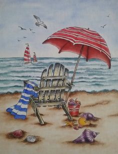 a painting of a beach chair with an umbrella