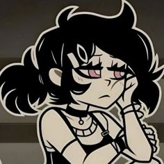 a cartoon girl with black hair and glasses on her face is looking at the camera