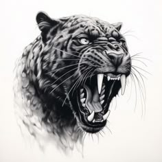 a black and white drawing of a growling tiger