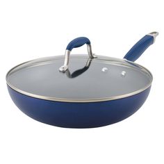 a blue pan with a handle on it