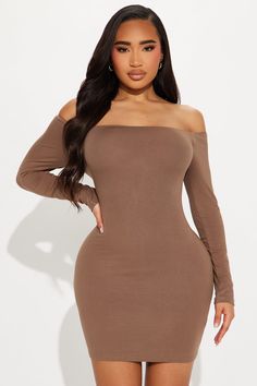 Available In Mocha, Heather Grey, Black, And Red. Ribbed Mini Dress Long Sleeves Off Shoulder Neckline Stretch Self: 93% Rayon 7% Spandex Imported | My Go To Off Shoulder Mini Dress in Mocha size Medium by Fashion Nova