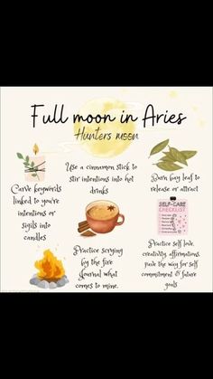 a sign that says full moon in aries and has different types of herbs on it