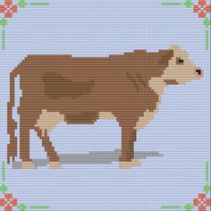 a brown cow standing in front of a blue background with red flowers on it's border