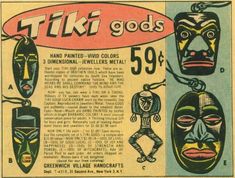 an advertisement for tiki goods featuring masks