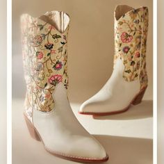 Embroidered Western Boots X Bhldn Anthropologie Nwt Never Worn Embroidered Silk Upper Leather Leather Sole Leather Lining Hand Crafted Zipper Up The Back Marked A 41/11, Runs Small Originally $395 White Embroidered Snip Toe Boots, Embroidered Cowgirl Boots, Embrodered Cowboy Boots, Embroidered Western Summer Boots, White Embroidered Western Boots, Anthropologie Shoes, Western Cowgirls, Embroidered Silk, Western Boots