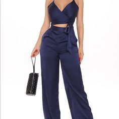 Navy Satin Pant Set With Metal Back Zippers And High Rise Wide Leg Pants With Pockets. Satin Pant, Jumpsuit Navy Blue, Fashion Nova Pants, Satin Pants, Punk Outfits, Pants With Pockets, Black Set, Pant Set, Wide Leg Jumpsuit