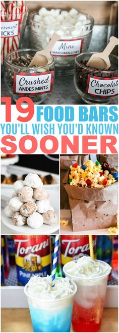 some food and drinks are on display with the words, 19 food bars you'll wish