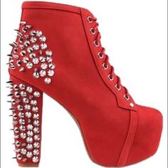 Jeffrey Campbell Red "Lita Spike" Platform Lace-Up Ankle Boots With Silver Studs (Hidden/Covered Platform, Chunky Heel) Size Marked: Us 5 - Runs Large, Best Fits Us 5.5 Or Even A Narrow 6 New In Box Jeffrey Campbell Lita, Jeffrey Campbell Boots, High Heels Outfit, Christian Louboutin Boots, Spike Shoes, Studded Ankle Boots, Platform Heels Boots, Red High Heels, Spike Heels