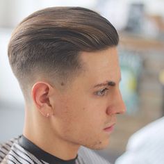 Mens Haircut Shaved Sides, Medium Fade Haircut, Slick Back Haircut, Pompadour Fade, Military Haircut, Gents Hair Style, Tapered Haircut