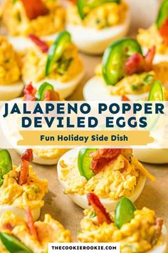 jalapeno popper deviled eggs with green peppers on top