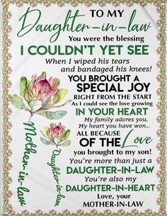 a blanket with the words daughter - in - law written on it, and a pink flower