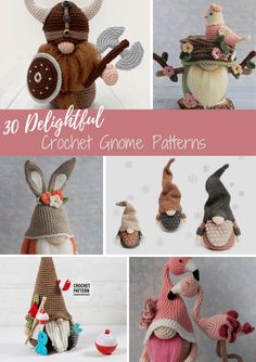 crochet gnomes are featured in this collage with text that reads, 30 delightful crochet gnome patterns