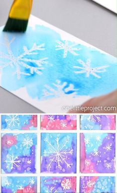 snowflake art project for kids with watercolor paper and glue to make them look like they are painting