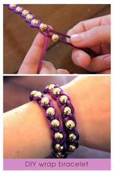 two pictures showing how to make beaded bracelets with purple thread and gold beads