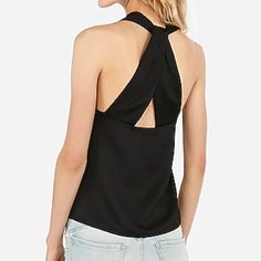 Silky Fabric, A Halter Neck And A Deep V Front Make This Tank An Elegant Choice On Warm Days And Hot Nights. Polyester Halter Neck; Deep V Front Sleeveless Straight Hem Partially Open Back Machine Wash Black Halter Neck Top For Day Out, Versatile Black Halter Top For Spring, Casual Black Halter Top For Date Night, Fitted V-neck Halter Top, Fitted Seamless V-neck Halter Top, Versatile Stretch V-neck Halter Top, Solid Stretch V-neck Halter Top, Red Cami, Black Stretch V-neck Halter Top