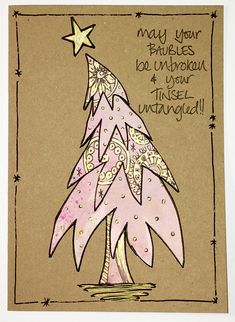 a handmade christmas card with a pink tree and stars on the top that says, may your families do unplugiant