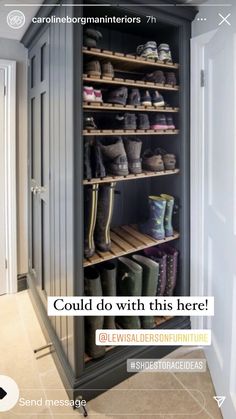 an image of a closet with shoes on the shelves and text that reads could do with this here