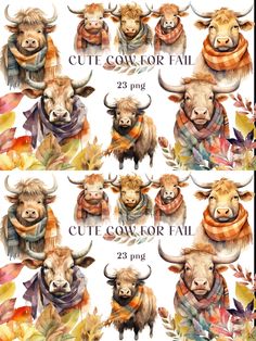 watercolor buffalo heads with scarfs and autumn leaves on the sides, all in different colors