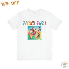 Introducing the Holi hai- festival of colors Unisex Jersey Short Sleeve Tee! This classic unisex jersey short sleeve tee fits like a well-loved favorite. Made from soft cotton and featuring a quality print that will make you fall in love with it over and over again. The ribbed knit collars provide shaping while the tapered shoulders offer a better fit over time. With dual side seams to hold the garment's shape for longer, this tee is a must-have for your wardrobe. Made from 100% Airlume combed and ringspun cotton, this tee is not only stylish but comfortable too. The light fabric (4.2 oz/yd²) and retail fit make it perfect for everyday wear. The tear away label ensures maximum comfort. Available in sizes S, M, L, XL, 2XL, and 3XL, this tee runs true to size. Don't miss out on this trendy a White Screen Print T-shirt For Festival, Festival White Graphic Tee, White Letter Print Festival Tops, Multicolor Cotton Shirt For Pride, White Festival Tops With Letter Print, White Letter Print Top For Festival, White Cotton Festival T-shirt, Festival White Cotton T-shirt, White Cotton T-shirt For Festival