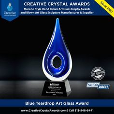 Blue teardrop art glass award hand blown art glass teardrop trophy blown glass teardrop shaped sculpture art glass teardrop award Award Trophy, Job Well Done, Recognition Awards