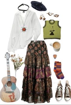 Hippy Skirt Outfit, Hippie Outfits 70s, Guitar Outfit, 70s Outfits, Moon Ring, Outfit Maker, Hippie Outfits