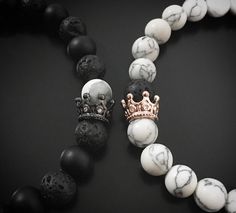 King and Queen long distance bracelet! Fine Couples bracelets, The King & Queen Crown, Valentines day couples gifts - King's Bracelet: Combination of Lava Rock & Onyx stones with black platinum micro pave crown - Queen's Bracelet: White howlite with rose gold platinum micro pave crown. All our beads/stones are carefully selected individually to give you the best quality Please select your wrist sizes for both bracelets and we will ensure to achieve the best fit for you. In order to obtain superi Long Distance Bracelets, Distance Bracelet, Relationship Bracelets, Her King, Couples Bracelets, Distance Bracelets, Memory Wire Wrap Bracelets, His Queen, Bracelet Keychains