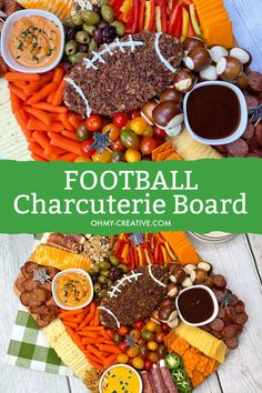 a football shaped platter with cheese, crackers, and vegetables on it for a super bowl party