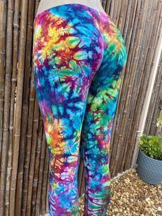 "High quality 100% made in the USA.  Hand dyed with love by artist.  Excellent quality cotton/spandex fabric.  So comfy and great fit!  Measurements before stretch medium  total length 34\" inseam length 26\" waist before stretch 28\" and 32\" after thighs 18\" before stretch large total length 35\" inseam 27\" thighs before stretch 20\" waist 29-34\" XL total length 36\" inseam 28 1/2\" thighs before stretch 21\" waist before stretch 32-38\" Sizes to come soon on xl and 2X need a different size? message me" Fitted Tie Dye Yoga Pants, Stretch Tie Dye Yoga Pants, Fitted Tie-dye Yoga Pants, Tie Dye Stretch Yoga Pants, Fitted Tie Dye Leggings For Yoga, Stretch Tie-dye Yoga Pants, Stretch Multicolor Cotton Leggings, Casual Tie Dye Leggings For Summer, Casual Summer Tie Dye Leggings