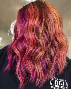 Copper And Vivid Hair, Copper And Magenta Hair, Fun Spring Hair Color Ideas 2023, Brown Hair With Vivid Color, Sunset Balayage Hair, Crazy Haircolors, Copper And Pink Hair, Vivid Hair Color Ideas For Brunettes, Vivid Balayage