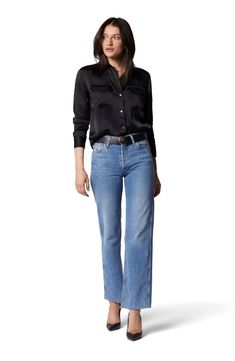 Fall in love with the luxe look and feel of this drapey button-up cut from pure silk with easy-moving back pleats and a tuckable shirttail hem. 29 1/2" length (size Medium) Front button closure Chest-flap pockets 100% silk Dry clean Imported Women's Clothing Black Satin Shirt Outfit, Silk Button Down Shirt Outfit, Satin Button Down Shirt Outfit, Satin Shirt Outfit, Silk Shirt Outfit, Black Satin Shirt, Satin Button Down Shirt, Black Silk Shirt, Silk Button Up