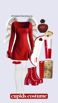 a woman in red dress and boots with white wings