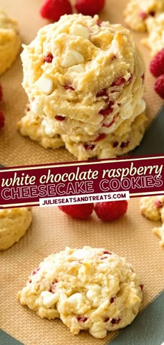 white chocolate raspberry cheesecake cookies are stacked on top of each other and ready to be eaten