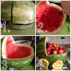 watermelon boat filled with fruit and cut in half to make it look like a boat