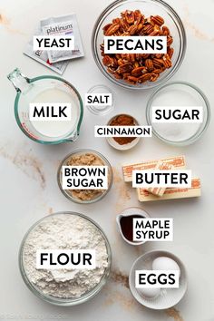 the ingredients to make pecans, milk, sugar and butter are shown in bowls