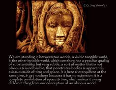 a buddha statue with the words, we are standing between two worlds