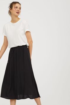 Calf-length Skirt | Black | WOMEN | H&M US Skirt Black Women, Calf Length Skirts, Viscose Fabric, Drawstring Waistband, Spring Summer Fashion