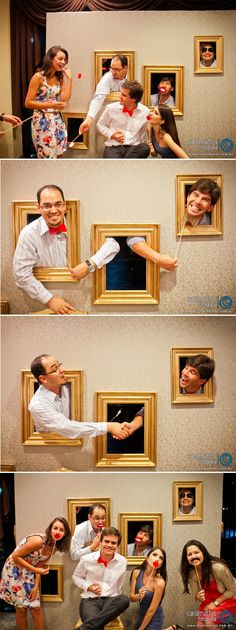 a man and woman posing for pictures in front of a mirror with their arms around each other