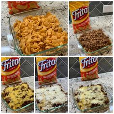 four pictures showing different stages of how to make an enchilada casserole