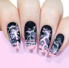 Galaxy Foil Nails, Triple Moon Goddess Nails, Animal Nails Acrylic, Lightning Nails Acrylic, Lightning Nails Designs, Punk Rock Nails Designs, Lightning Nail Art, Galactic Nails, Punk Nail Art