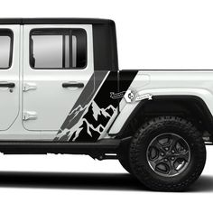 the side view of a white jeep with black and white decals on it's sides