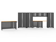 an image of a garage furniture set with drawers and cabinets on the side, including a workbench