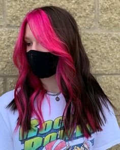 Black Hair With Hot Pink Money Piece, Hot Pink Money Piece Hair, Black And Hot Pink Hair, Pink Curtain Bangs, Hot Pink Peekaboo Hair, Highlight Hair Ideas, Underdye Hair, Pink Hair Streaks, Color Block Hair