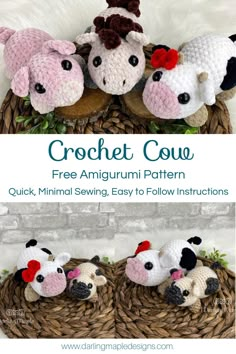 three crochet cows sitting in a basket with the text, free amigurm pattern