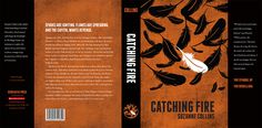 an orange book cover with black and white feathers on it, the title is catching fire