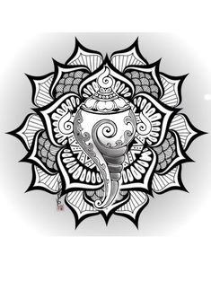 an intricate design with black and white colors on a white background, in the shape of a flower