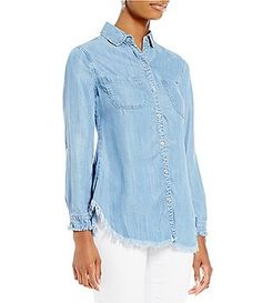 Casual Spring Blouse With Frayed Hem, Long Sleeve Blouse With Frayed Hem For Fall, Fall Long Sleeve Blouse With Frayed Hem, Casual Long Sleeve Blouse With Frayed Hem, Long Sleeve Blouse With Frayed Hem For Spring, Clothing Apparel, Dillard's, Denim Shirt, What To Wear