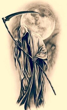 a drawing of a person holding a scythe