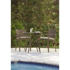 two chairs and a table outside in front of some bushes with flowers on the table