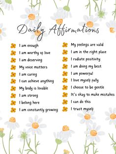 the daily affirmations are written in orange and white daisies on a white background