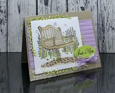 a card with a wooden bench and purple ribbon on the bottom that says you're nice